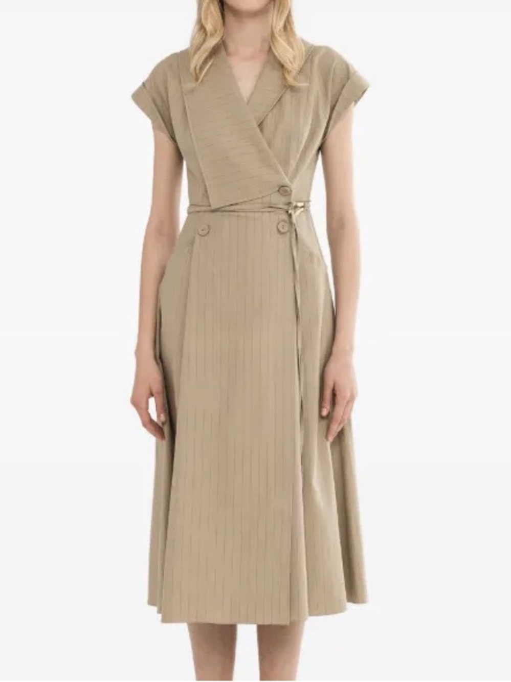 NISSA Striped Midi Wrap Dress in Beige Size 6 NWT